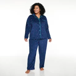 Plus Size Sonoma Goods For Life® Velour Pajama Shirt & Pajama Pants Set -Glamix Store 5033014 Navy Dot