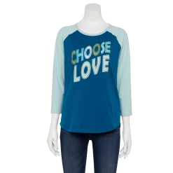 Women's Sonoma Goods For Life® Three Quarter Sleeve Baseball Graphic Tee -Glamix Store 5242169 Teal Choose Love