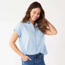 Petite Sonoma Goods For Life® Short Sleeve Button Down Shirt -Glamix Store 5243772 Light Wash Chambray