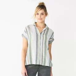 Women's Sonoma Goods For Life® Button-Front Shirt -Glamix Store 5254682 Gray Green Stripe