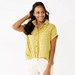 Women's Sonoma Goods For Life® Button-Front Shirt -Glamix Store 5254682 Olive Geo Stripe