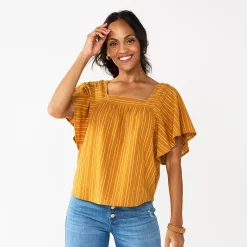 Women's Sonoma Goods For Life® Flutter Shoulder Top -Glamix Store 5583549 Gold Coral Stripe