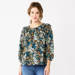 Women's Sonoma Goods For Life® Ruffle Shoulder Peasant Top -Glamix Store 5584039 Blue Black Floral