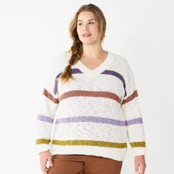 Plus Size Sonoma Goods For Life® Long Sleeve V-Neck Sweater -Glamix Store 5585496 Beige Stripe
