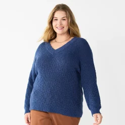 Plus Size Sonoma Goods For Life® Long Sleeve V-Neck Sweater -Glamix Store 5585496 Blue