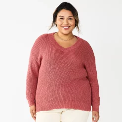 Plus Size Sonoma Goods For Life® Long Sleeve V-Neck Sweater -Glamix Store 5585496 Mauve