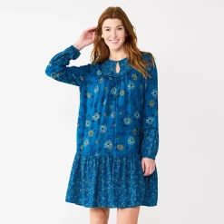 Women's Sonoma Goods For Life® Printed Long Sleeve Dress -Glamix Store 5657674 Blue Multi Floral