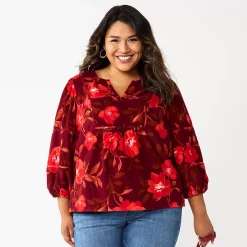 Plus Size Sonoma Goods For Life® Notchneck Long Sleeve Top -Glamix Store 5661416 Large Red Floral