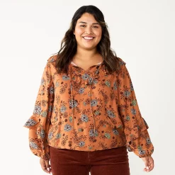 Plus Size Sonoma Goods For Life® Ruffle Peasant Top -Glamix Store 5662063 Brown Blue Floral