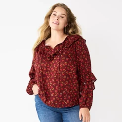 Plus Size Sonoma Goods For Life® Ruffle Peasant Top -Glamix Store 5662063 Red Mini Floral