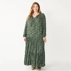 Plus Size Sonoma Goods For Life® Tiered Long Sleeve Maxi Dress -Glamix Store 5664433 Olive Multi Floral