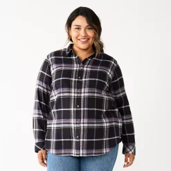 Plus Size Sonoma Goods For Life® Everyday Flannel Shirt -Glamix Store 5664645 Black Purple Plaid