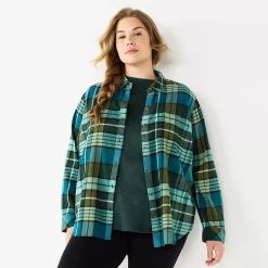 Plus Size Sonoma Goods For Life® Everyday Flannel Shirt -Glamix Store 5664645 Dark Green Blue Plaid