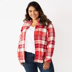 Plus Size Sonoma Goods For Life® Everyday Flannel Shirt -Glamix Store 5664645 Red Cream Plaid