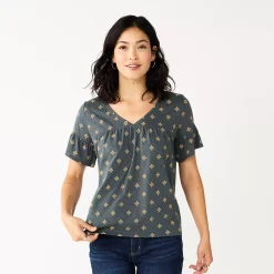 Women's Sonoma Goods For Life® Ruffled Babydoll Top -Glamix Store 5665750 Gray Gold Geo