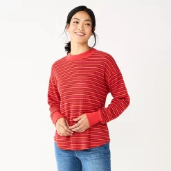 Women's Sonoma Goods For Life® Mockneck Waffle Top -Glamix Store 5672315 Red Orange Stripe