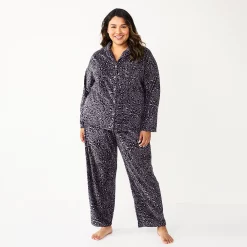 Plus Size Sonoma Goods For Life® Velour Pajama Shirt & Pajama Pants Sleep Set -Glamix Store 5675146 Black Leopard