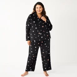 Plus Size Sonoma Goods For Life® Velour Pajama Shirt & Pajama Pants Sleep Set -Glamix Store 5675146 Black Starry