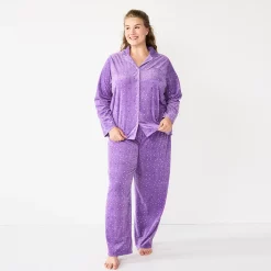 Plus Size Sonoma Goods For Life® Velour Pajama Shirt & Pajama Pants Sleep Set -Glamix Store 5675146 Lilac Happy Dots