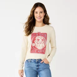 Women's Sonoma Goods For Life® Long Sleeve Christmas Graphic Tee -Glamix Store 5676288 Cream Santa