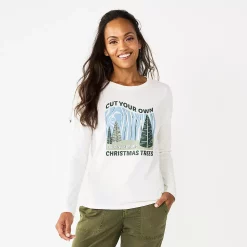Women's Sonoma Goods For Life® Long Sleeve Christmas Graphic Tee -Glamix Store 5676288 Cut Your Trees