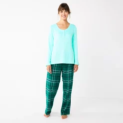 Women's Sonoma Goods For Life® Flannel Pajama Pants & Pajama Top Sleep Set -Glamix Store 5677709 Green Cuddle Plaid
