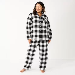 Plus Size Sonoma Goods For Life® Flannel Pajama Shirt & Pajama Pants Sleep Set -Glamix Store 5677717 Black Buffalo
