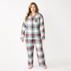 Plus Size Sonoma Goods For Life® Flannel Pajama Shirt & Pajama Pants Sleep Set -Glamix Store 5677717 Ivory Festive Plaid