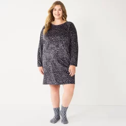 Plus Size Sonoma Goods For Life® 2-pc. Long Sleeve Crewneck Sleepshirt & Socks Set -Glamix Store 5690616 Black Leopard