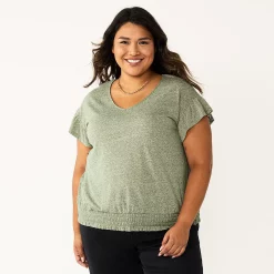 Plus Size Sonoma Goods For Life® Banded Bottom Ruffle Sleeve Top -Glamix Store 5819597 Olive