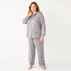 Plus Size Sonoma Goods For Life® Knit Pajama Shirt & Pajama Pants Sleep Set -Glamix Store 6025544 Grey Leopard
