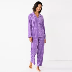 Women's Sonoma Goods For Life® Velour Pajama Shirt & Pajama Pants Sleep Set -Glamix Store 6076017 Lilac Happy Dots